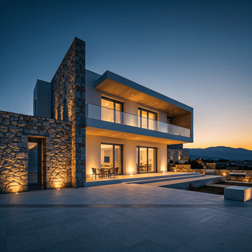Σύγχρονη αρχιτεκτονική κατοικία της Olympos Iason το σούρουπο